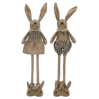 Osterhasenpaar Mann Frau mit Teleskopbeinen max. H88cm Polyester Metallbeine Brauntöne Hasenschuhe Osterdekoration