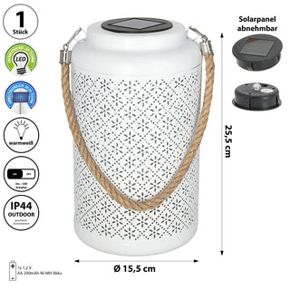 LED Solar Laterne 'Flowers' warmweiß Eisen Kunststoff 15,5x25cm weiß Outdoor Henkel-Lampe Blumenmuster gestanzt