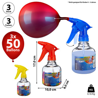 Wasserbomben-Pumpe 3er Set 3 x 50 Wasserbomben 3 x Pumpe 10x17x8cm Kunststoff Latex Wasserballons Ballon