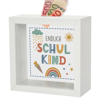 Spardose 'Endlich Schulkind' Bilderrahmen 14,5x6,5cm weiß/naturfarben MDF Glas Sparbüchse Gelddose Geldgeschenk