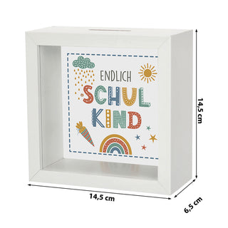 Spardose 'Endlich Schulkind' Bilderrahmen 14,5x6,5cm weiß/naturfarben MDF Glas Sparbüchse Gelddose Geldgeschenk