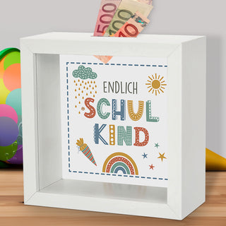 Spardose 'Endlich Schulkind' Bilderrahmen 14,5x6,5cm weiß/naturfarben MDF Glas Sparbüchse Gelddose Geldgeschenk