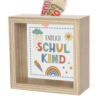 Spardose 'Endlich Schulkind' Bilderrahmen 14,5x6,5cm weiß/naturfarben MDF Glas Sparbüchse Gelddose Geldgeschenk