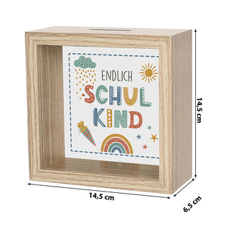 Spardose 'Endlich Schulkind' Bilderrahmen 14,5x6,5cm weiß/naturfarben MDF Glas Sparbüchse Gelddose Geldgeschenk