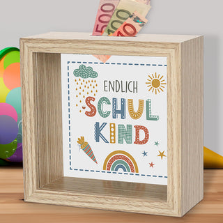Spardose 'Endlich Schulkind' Bilderrahmen 14,5x6,5cm weiß/naturfarben MDF Glas Sparbüchse Gelddose Geldgeschenk
