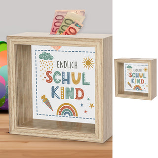 Spardose 'Endlich Schulkind' Bilderrahmen 14,5x6,5cm weiß/naturfarben MDF Glas Sparbüchse Gelddose Geldgeschenk