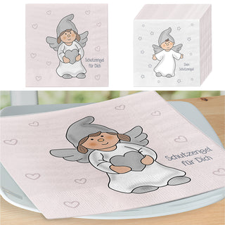 Servietten 'Schutzengel' 80er Set 33x33cm grau rosa 3-lagig Papierserviette stoffähnlich 2 Engel-Motive Mädchen Junge