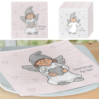 Servietten 'Schutzengel' 80er Set 33x33cm grau rosa 3-lagig Papierserviette stoffähnlich 2 Engel-Motive Mädchen Junge