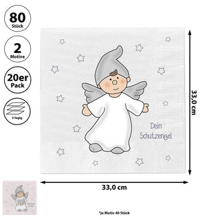 Servietten 'Schutzengel' 80er Set 33x33cm grau rosa 3-lagig Papierserviette stoffähnlich 2 Engel-Motive Mädchen Junge