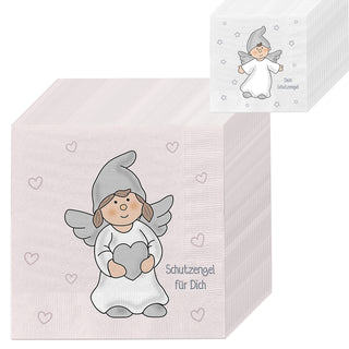 Servietten 'Schutzengel' 80er Set 33x33cm grau rosa 3-lagig Papierserviette stoffähnlich 2 Engel-Motive Mädchen Junge