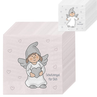 Servietten 'Schutzengel' 80er Set 33x33cm grau rosa 3-lagig Papierserviette stoffähnlich 2 Engel-Motive Mädchen Junge