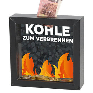 Spardose 'Kohle verbrennen' Bilderrahmen 13x4cm schwarz MDF Glas Sparbüchse Gelddose Geldgeschenk Feuermotiv
