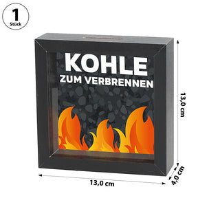 Spardose 'Kohle verbrennen' Bilderrahmen 13x4cm schwarz MDF Glas Sparbüchse Gelddose Geldgeschenk Feuermotiv