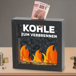 Spardose 'Kohle verbrennen' Bilderrahmen 13x4cm schwarz MDF Glas Sparbüchse Gelddose Geldgeschenk Feuermotiv