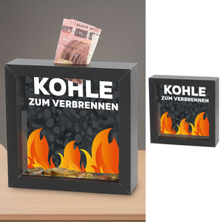 Spardose 'Kohle verbrennen' Bilderrahmen 13x4cm schwarz MDF Glas Sparbüchse Gelddose Geldgeschenk Feuermotiv