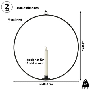 Stabkerzenhalter Ring 2er Set schwarz 40x42cm Metall rund Kerzenhalter 1 Stabkerze Kerzenständer zum Aufhängen2er Set