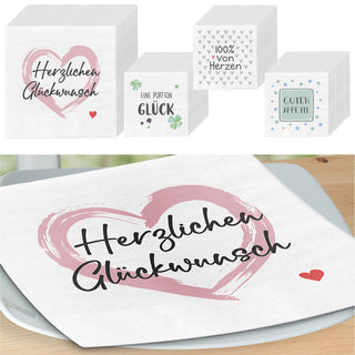 Servietten 'Sprüche' 4 Motive 80er Set 33x33cm 3-lagig Papierserviette stoffähnlich Tuch Herzenssprüche Tischdeko