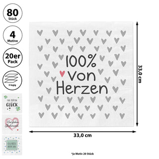 Servietten 'Sprüche' 4 Motive 80er Set 33x33cm 3-lagig Papierserviette stoffähnlich Tuch Herzenssprüche Tischdeko
