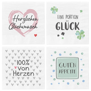Servietten 'Sprüche' 4 Motive 80er Set 33x33cm 3-lagig Papierserviette stoffähnlich Tuch Herzenssprüche Tischdeko