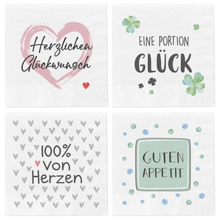 Servietten 'Sprüche' 4 Motive 80er Set 33x33cm 3-lagig Papierserviette stoffähnlich Tuch Herzenssprüche Tischdeko