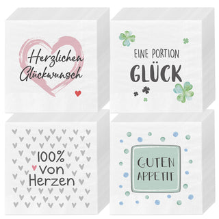 Servietten 'Sprüche' 4 Motive 80er Set 33x33cm 3-lagig Papierserviette stoffähnlich Tuch Herzenssprüche Tischdeko