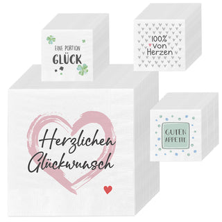 Servietten 'Sprüche' 4 Motive 80er Set 33x33cm 3-lagig Papierserviette stoffähnlich Tuch Herzenssprüche Tischdeko
