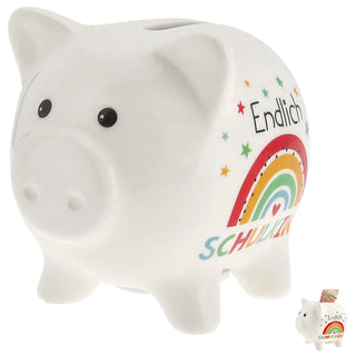 Sparschwein 'Endlich Schulkind' 11x9cm weiß bunt Dolomit Sparbüchse Gelddose Geldgeschenk Schulanfang