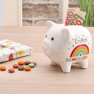 Sparschwein 'Endlich Schulkind' 11x9cm weiß bunt Dolomit Sparbüchse Gelddose Geldgeschenk Schulanfang