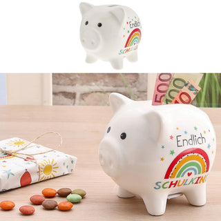 Sparschwein 'Endlich Schulkind' 11x9cm weiß bunt Dolomit Sparbüchse Gelddose Geldgeschenk Schulanfang
