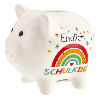 Sparschwein 'Endlich Schulkind' 11x9cm weiß bunt Dolomit Sparbüchse Gelddose Geldgeschenk Schulanfang