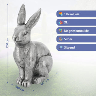 XL Dekofigur Hase sitzend silber 30x42x18x5cm Magensiumoxid Hasenfigur Osterdekoration Frühlingsdeko Dekofigur