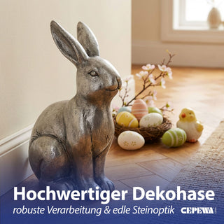 XL Dekofigur Hase sitzend silber 30x42x18x5cm Magensiumoxid Hasenfigur Osterdekoration Frühlingsdeko Dekofigur
