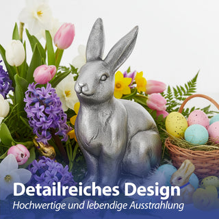 XL Dekofigur Hase sitzend silber 30x42x18x5cm Magensiumoxid Hasenfigur Osterdekoration Frühlingsdeko Dekofigur