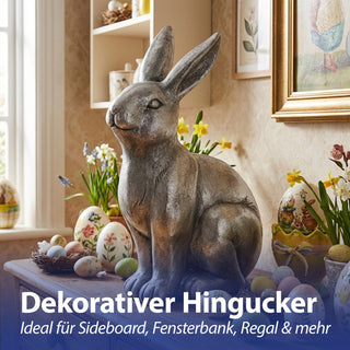 XL Dekofigur Hase sitzend silber 30x42x18x5cm Magensiumoxid Hasenfigur Osterdekoration Frühlingsdeko Dekofigur