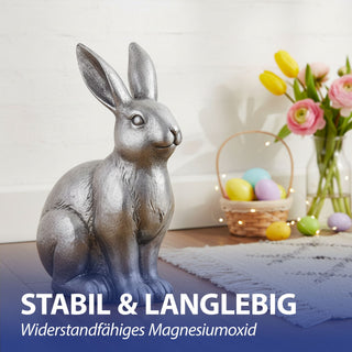 XL Dekofigur Hase sitzend silber 30x42x18x5cm Magensiumoxid Hasenfigur Osterdekoration Frühlingsdeko Dekofigur