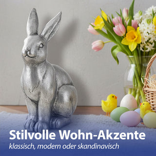 XL Dekofigur Hase sitzend silber 30x42x18x5cm Magensiumoxid Hasenfigur Osterdekoration Frühlingsdeko Dekofigur