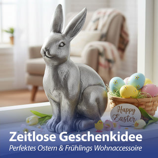 XL Dekofigur Hase sitzend silber 30x42x18x5cm Magensiumoxid Hasenfigur Osterdekoration Frühlingsdeko Dekofigur