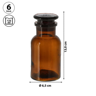 Apothekerflasche 6er Set braun 125ml 5,5x11cm Glas Flasche mit Glasstopfen Medizinflasche Vorratsflasche