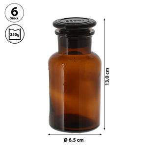 Apothekerflasche 6er Set braun 250ml 6,5x13,5cm Glas Flasche mit Glasstopfen Medizinflasche Vorratsflasche