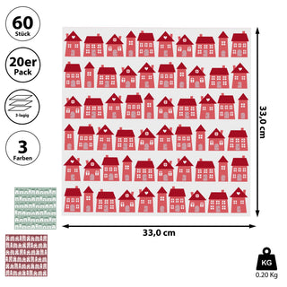 Servietten 'Häuser' 60er Set 33x33cm 3-lagig 3 Farben Papierserviette stoffähnlich Tuch Häusermotive