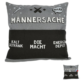 Kissen 'Männersache' mit 3 Taschen 40x40cm grau schwarz Baumwolle Polyester 280g Füllung Reisverschluss einseitig bedruckt Sofakissen