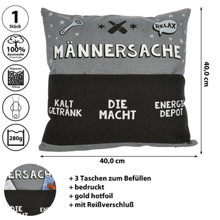 Kissen 'Männersache' mit 3 Taschen 40x40cm grau schwarz Baumwolle Polyester 280g Füllung Reisverschluss einseitig bedruckt Sofakissen