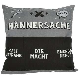Kissen 'Männersache' mit 3 Taschen 40x40cm grau schwarz Baumwolle Polyester 280g Füllung Reisverschluss einseitig bedruckt Sofakissen