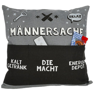Kissen 'Männersache' mit 3 Taschen 40x40cm grau schwarz Baumwolle Polyester 280g Füllung Reisverschluss einseitig bedruckt Sofakissen
