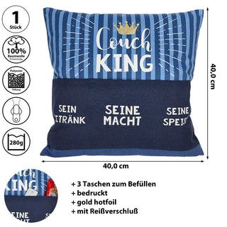 Kissen 'Männersache' mit 3 Taschen 40x40cm grau schwarz Baumwolle Polyester 280g Füllung Reisverschluss einseitig bedruckt Sofakissen