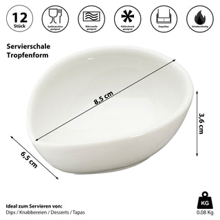 Servierschale Tropfenform 12er Set weiß 8,7x3,6x6,5cm New Bone China Schale Schüssel Tischgeschirr Snackschale