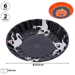 Halloween Schale 6er Set Kürbis Geist Kunststoff schwarz orange 33x4,5cm Partyteller Tischdekoration Teller