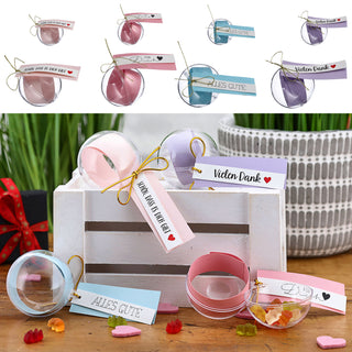 8/24x Geschenkkugel Banderole Aufdruck Set Ø6cm/ 20x2,5cm Kunststoff transparent Kugel Weihnachtsgeschenk Gutscheinkugel