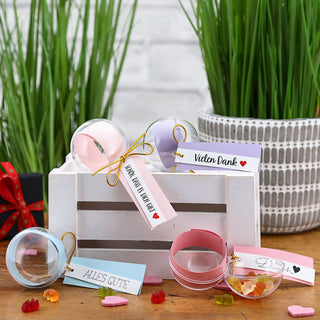 8/24x Geschenkkugel Banderole Aufdruck Set Ø6cm/ 20x2,5cm Kunststoff transparent Kugel Weihnachtsgeschenk Gutscheinkugel