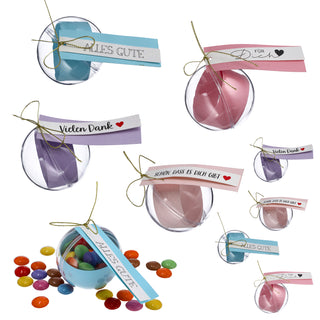 8/24x Geschenkkugel Banderole Aufdruck Set Ø6cm/ 20x2,5cm Kunststoff transparent Kugel Weihnachtsgeschenk Gutscheinkugel